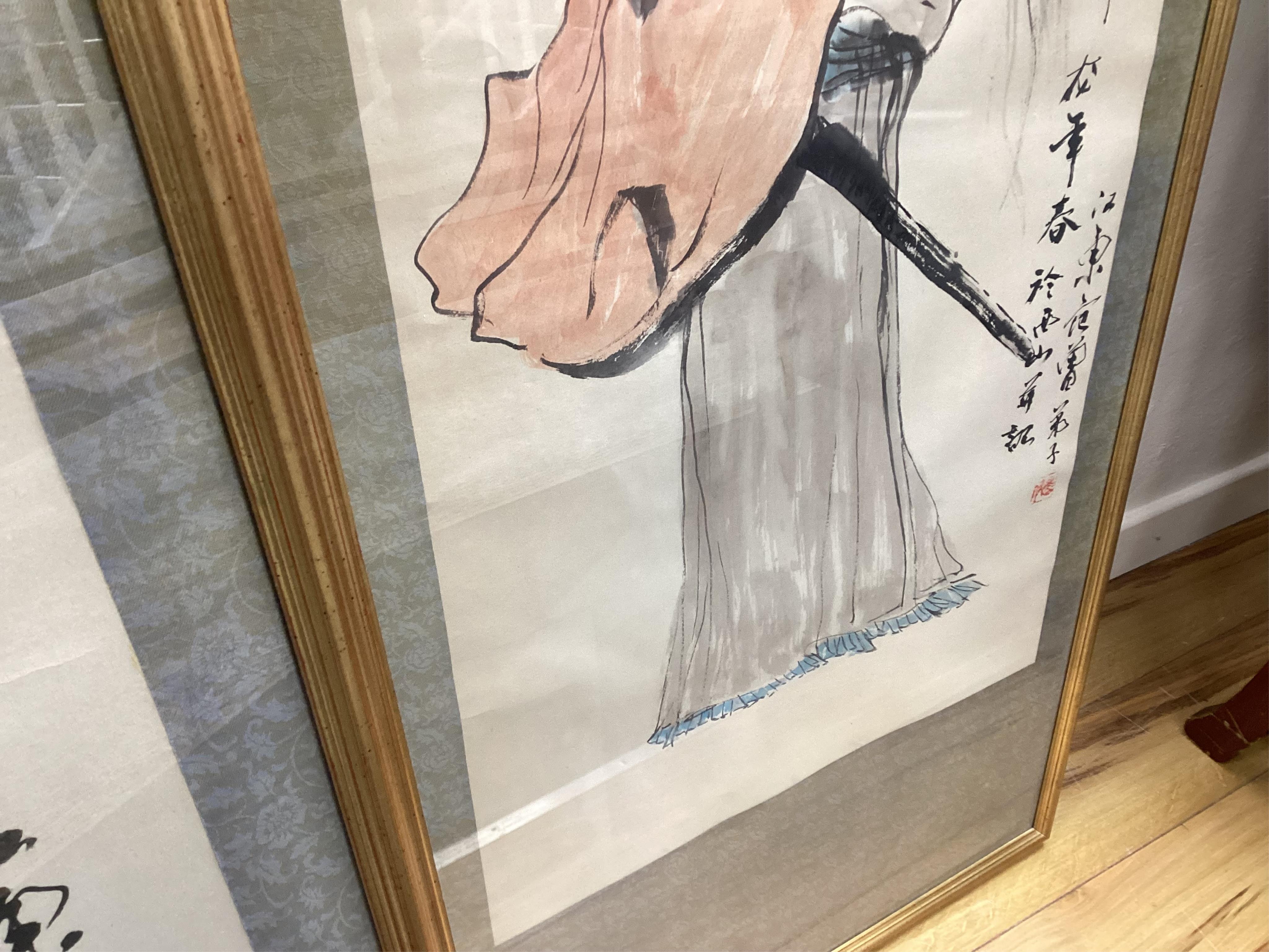 Contemporary, Japanese School, set of four figural scroll prints, with character and red seal marks, 94 x 51cm, framed